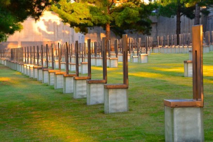 The chairs represents each person who died in the blast. The smaller chairs are for the children who died and the 5 most western chairs are for those who were outside the building who died. 